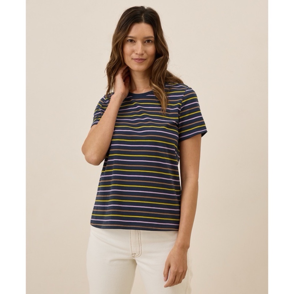 ✨NWT✨ PACT Women's Softspun Crew Neck Tee in La Jolla Navy Stripe Sz Medium